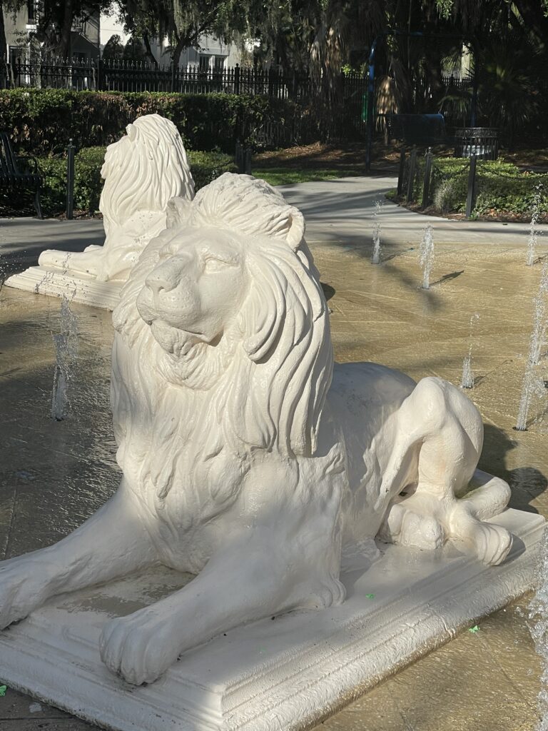 Anderson Park lion fountain, Tampa, July 2026 White stone lion statue in the fountain at Anderson Park, Tampa, early morning light on the water jets