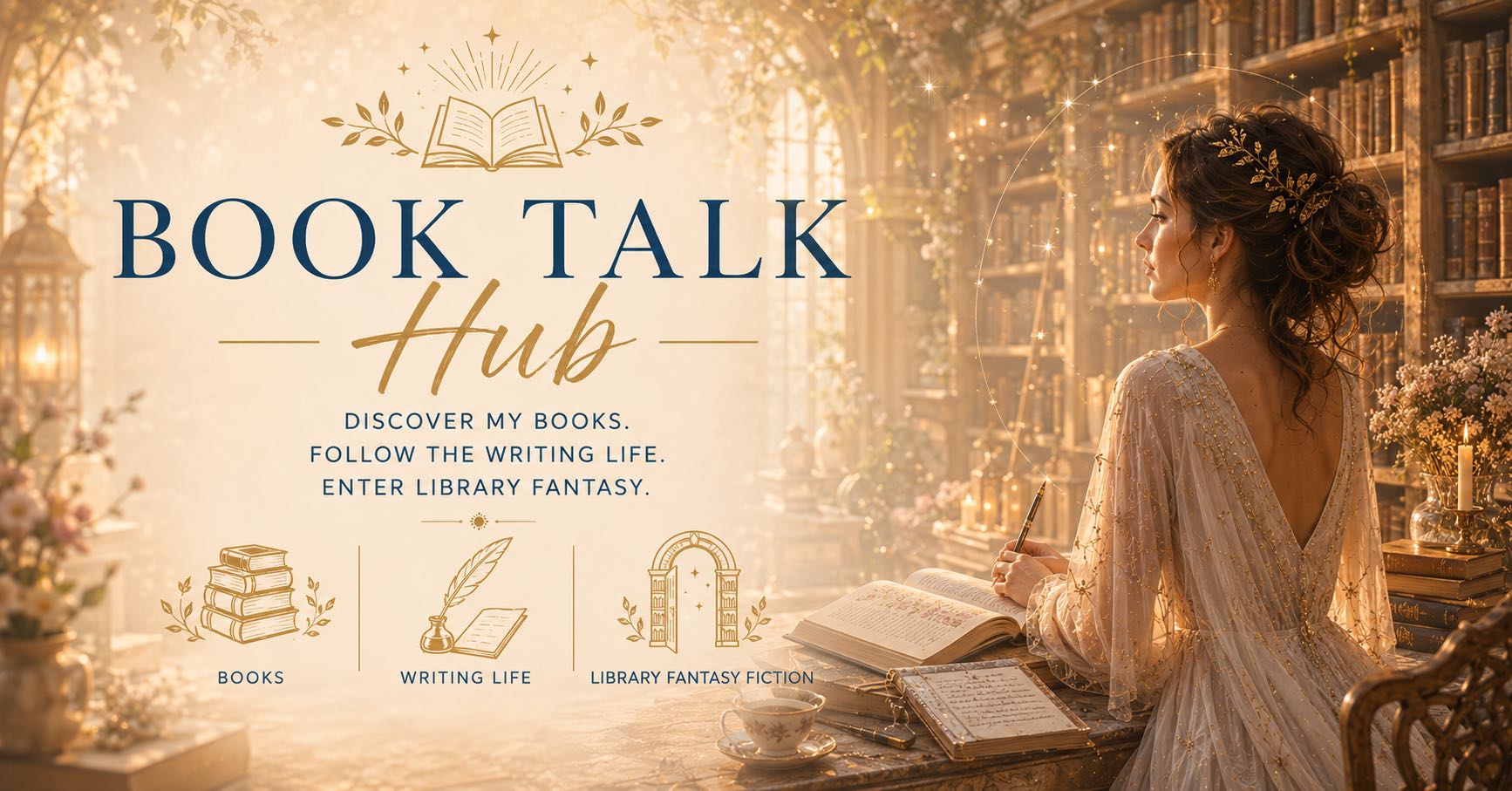 Book Talk Hub — a woman in a star-flecked gown writes at a desk in a sunlit fantasy library filled with books, a quill, and a teacup